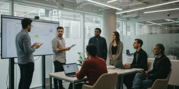 Professionals collaborating in a modern, engaged workplace setting