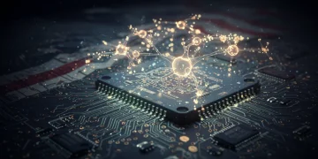 Neuromorphic chip with glowing neural networks, symbolizing advanced AI hardware.