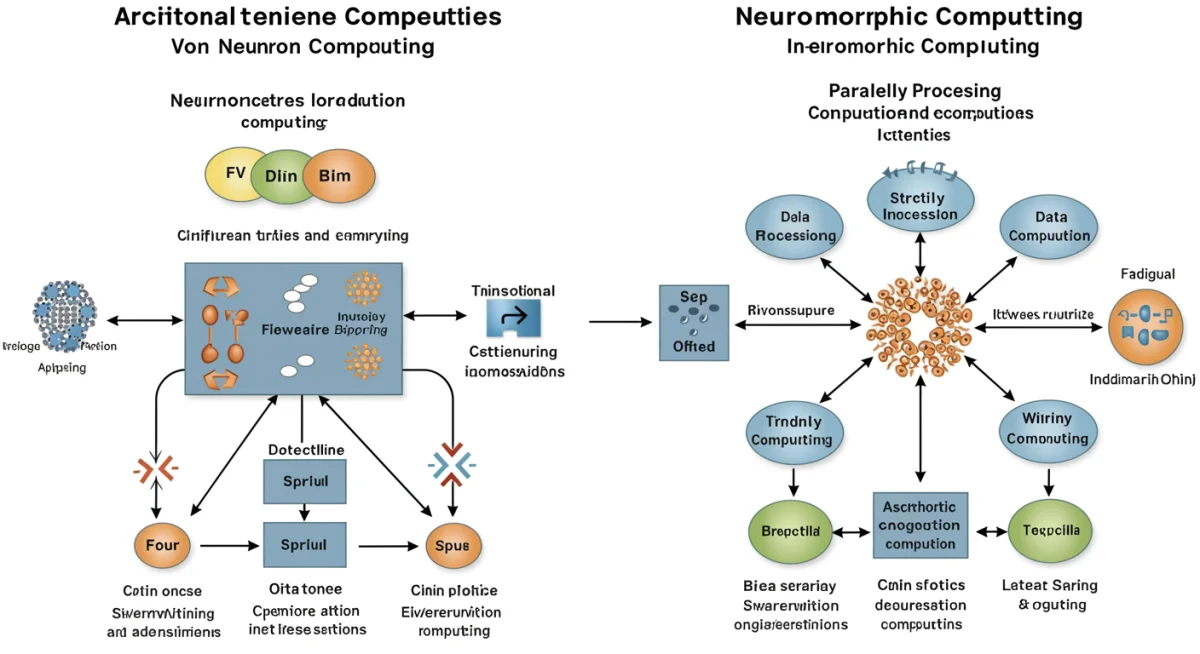 Infographic comparing Von Neumann and neuromorphic computing architectures.