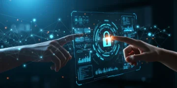 Digital network with glowing nodes and hands interacting with a holographic interface, symbolizing proactive cybersecurity management and NIST compliance.