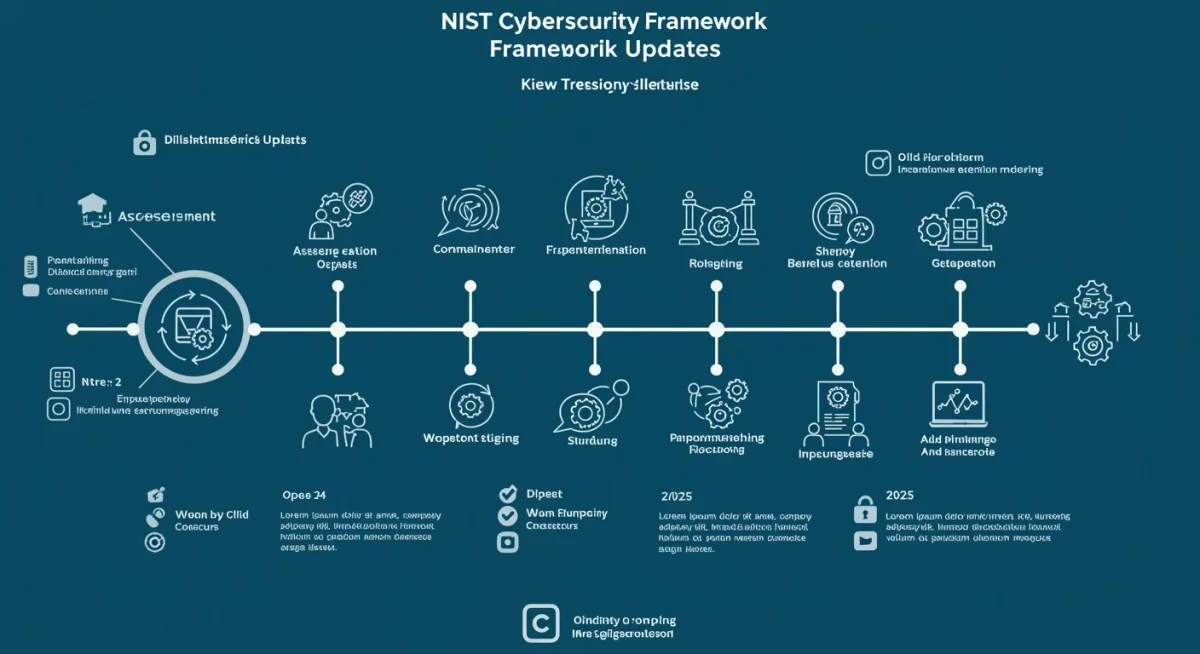 Infographic illustrating a timeline of NIST Cybersecurity Framework updates and compliance milestones.