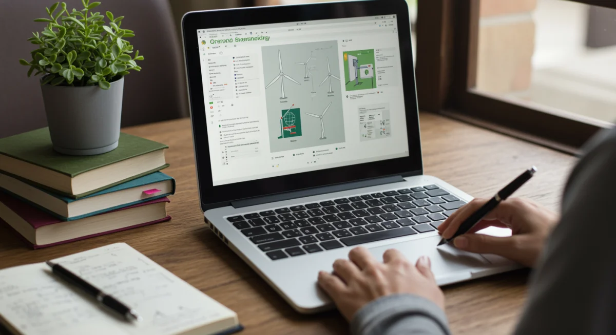 Individual engaged in online learning for a green technology certification, focusing on renewable energy.