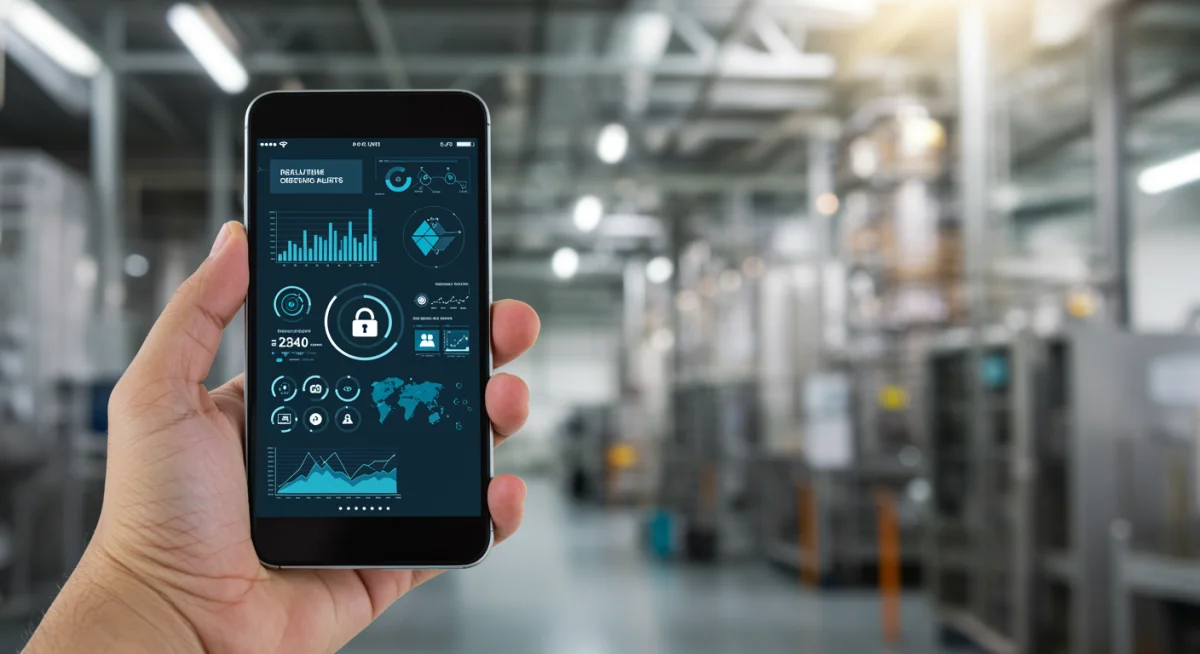 Smartphone displaying cybersecurity dashboard in an industrial setting.
