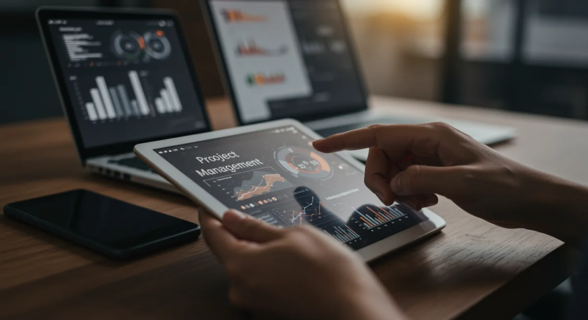 Hand interacting with a project management tool on a tablet for workflow optimization.