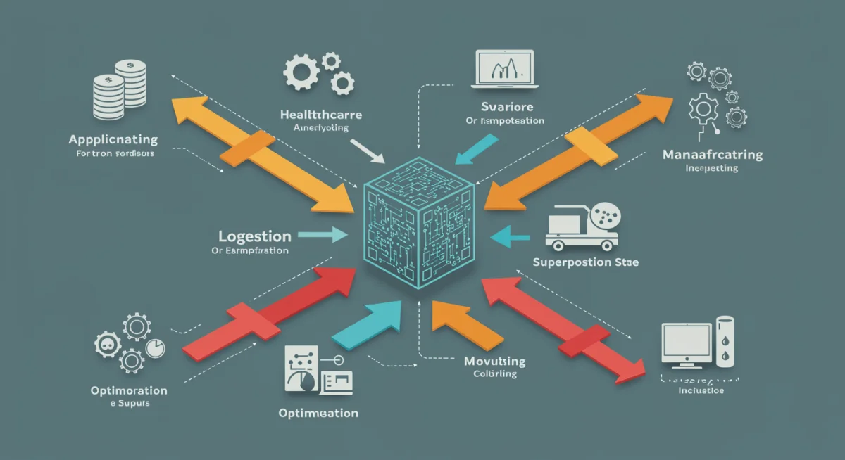 Infographic showing quantum computing applications across multiple U.S. business sectors.