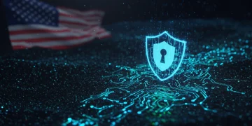 Futuristic digital shield protecting U.S. data in a quantum computing environment.