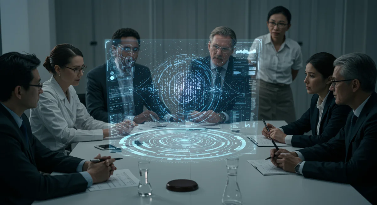 Experts discussing quantum policy with holographic data projections
