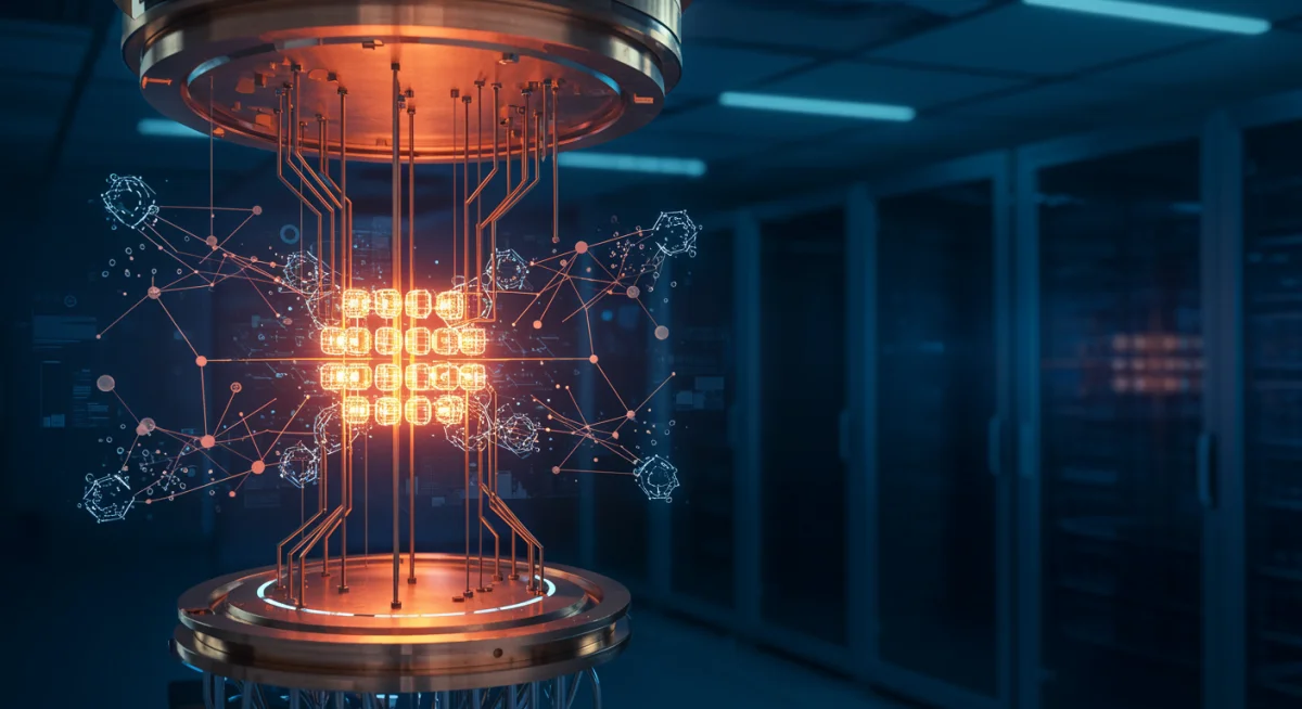 Close-up of a quantum processor with glowing qubits, symbolizing advanced computational power.