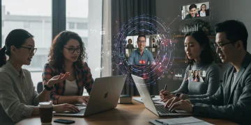 Professionals collaborating remotely using digital tools, symbolizing enhanced productivity.