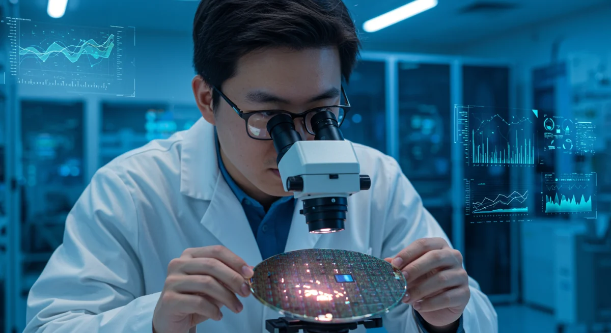 Researcher analyzing neuromorphic chip wafer in advanced laboratory.