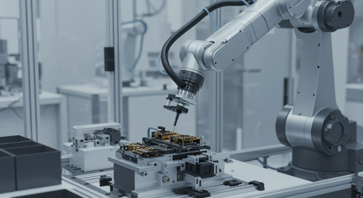 Robotic arm in smart factory demonstrating sustainable automation