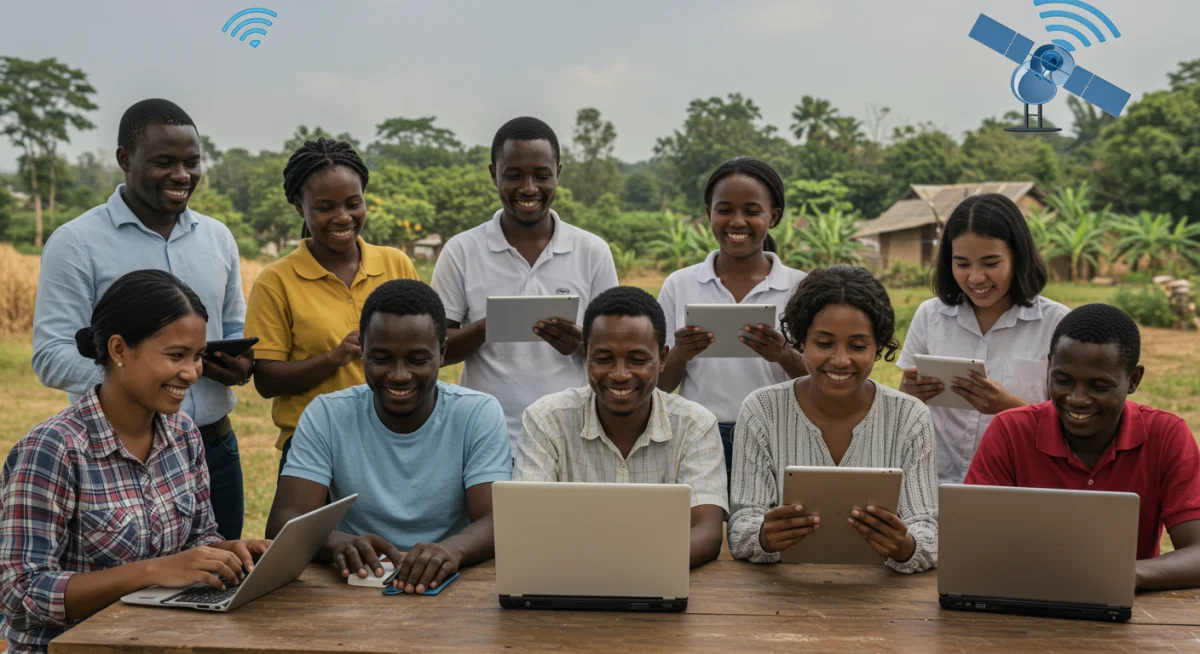 Rural community members benefiting from new satellite internet connections.