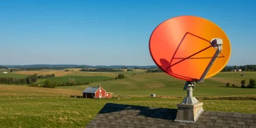 Satellite dish on a rural U.S. farmhouse, connecting remote communities to high-speed internet.