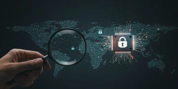 Secure global tech supply chain with digital network and cybersecurity icons.