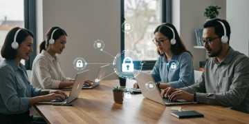 Professionals working remotely in secure digital environments, highlighting cybersecurity for US businesses.