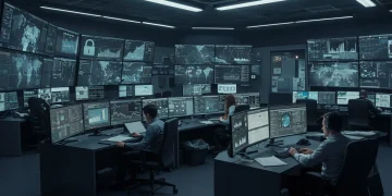 Futuristic SOC control room with analysts monitoring threats
