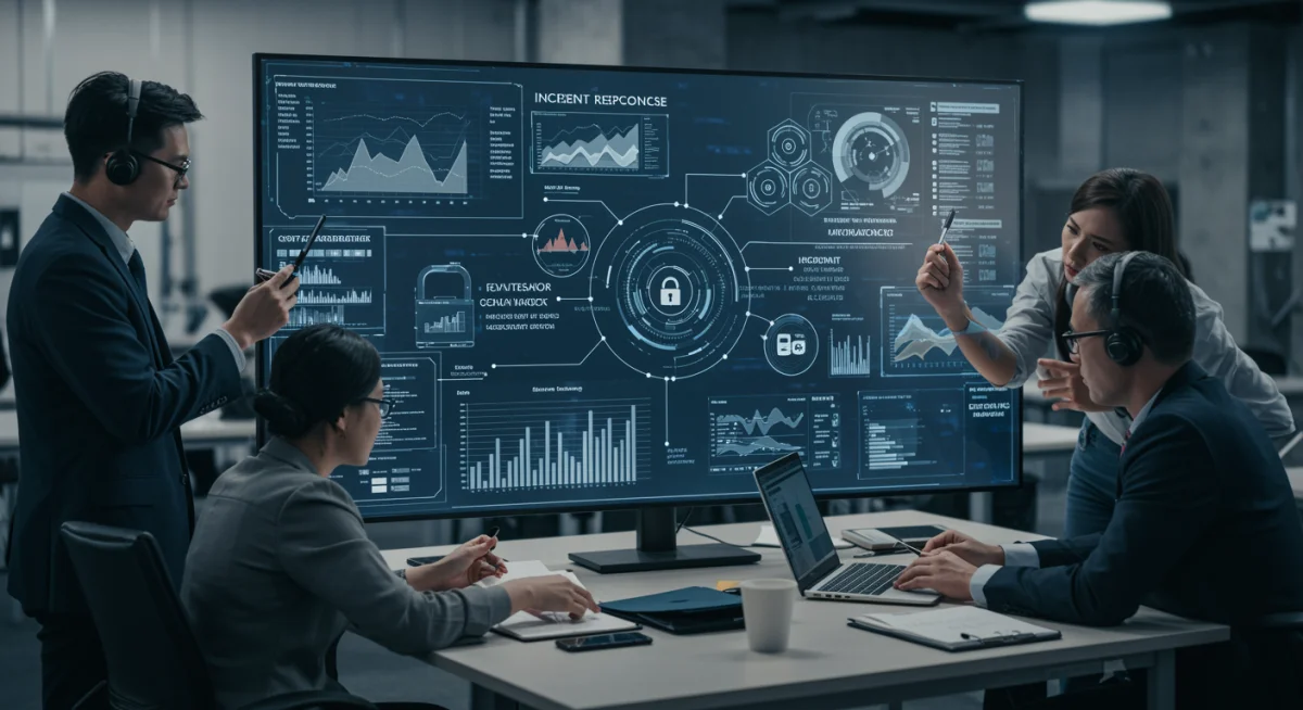 Cybersecurity team collaborating on incident response plan