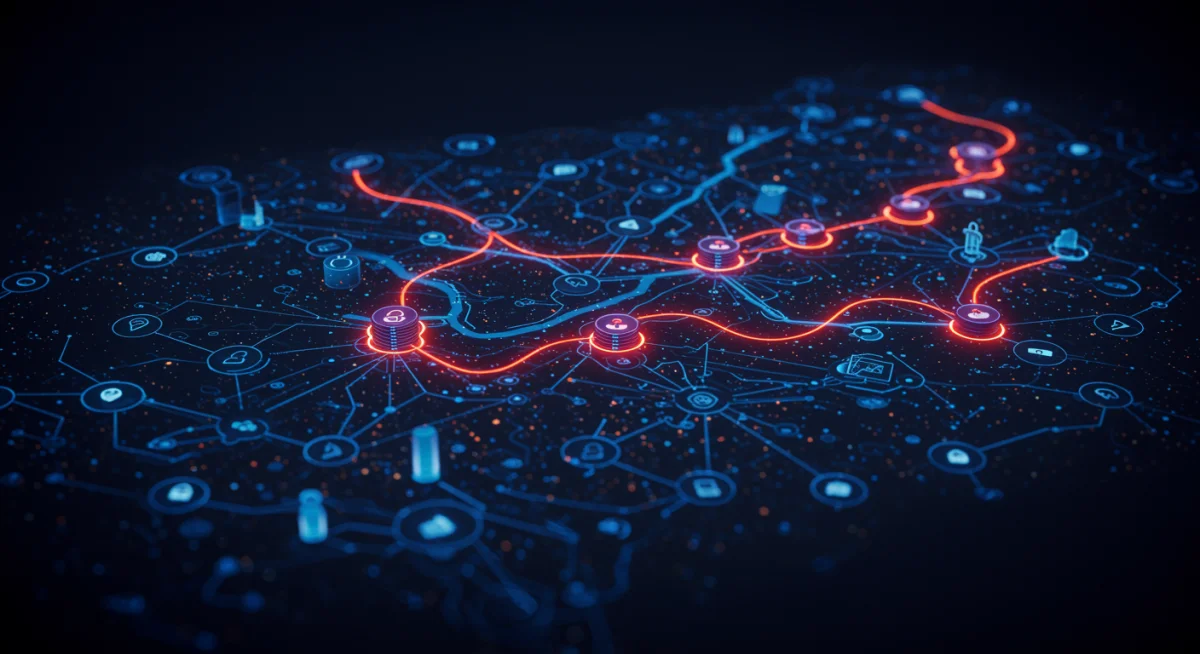 Complex network diagram showing threat detection architecture