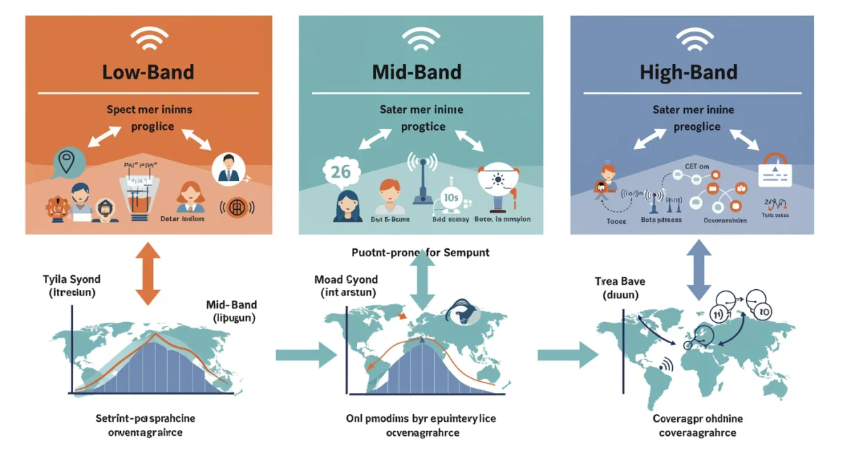 Infographic showing low, mid, and high-band spectrum uses and coverage.