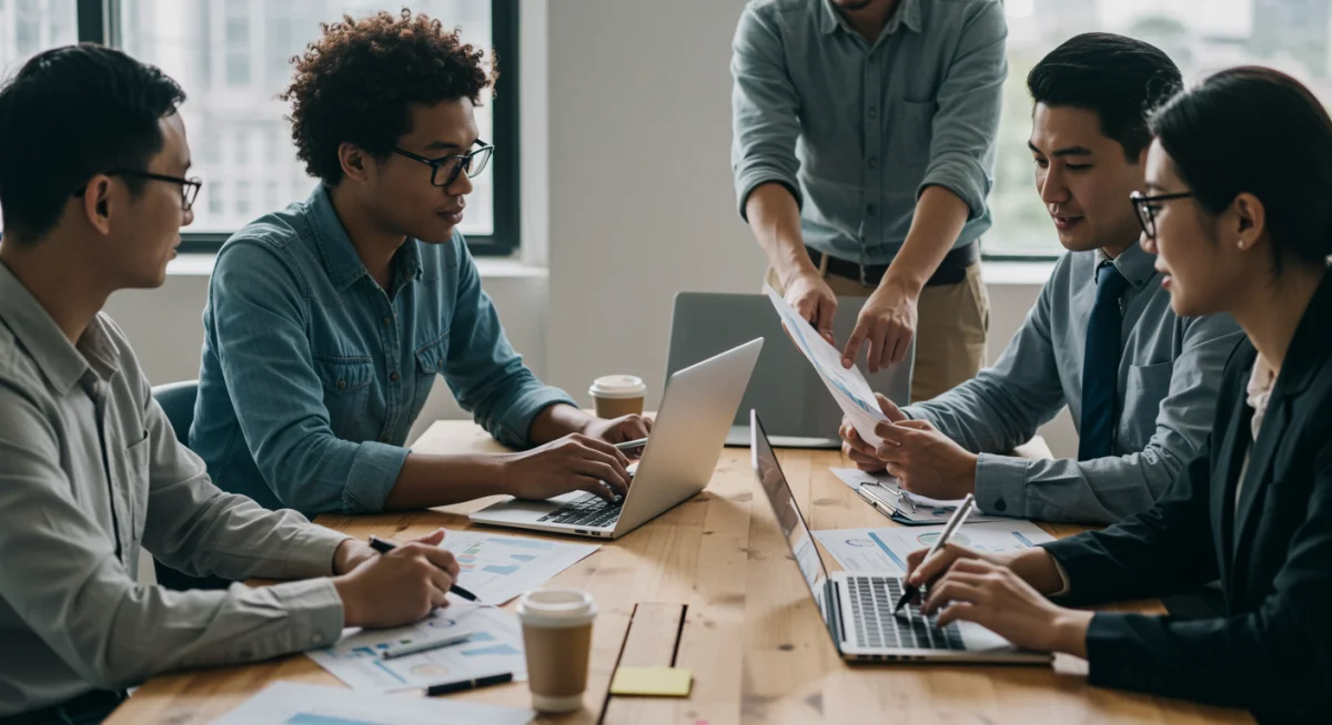 Team collaborating on data governance policies implementation