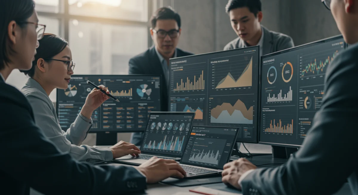 Team analyzing supply chain risk and compliance data on dashboards.