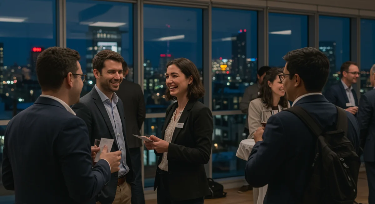 Professionals networking at a tech industry event
