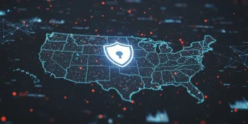 Digital shield over US map, symbolizing national cybersecurity strategy 2025 for enterprises.