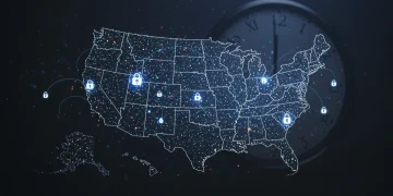 Digital map of the US with secure data flow representing data sovereignty compliance