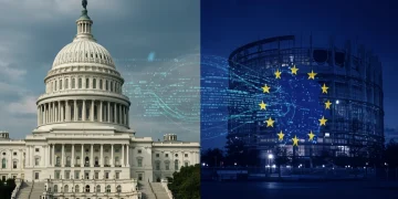 US and EU government buildings linked by digital data, representing tech export policies.