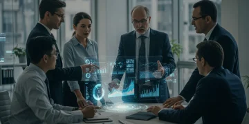 US managers collaborating with AI in a futuristic office environment