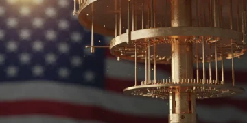 Stylized representation of quantum computing hardware with US flag, symbolizing policy challenges