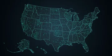 Illustration of US state maps with AI circuit patterns, symbolizing diverse governance frameworks