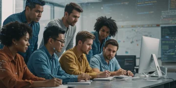 Diverse US workers learning tech skills in a modern classroom