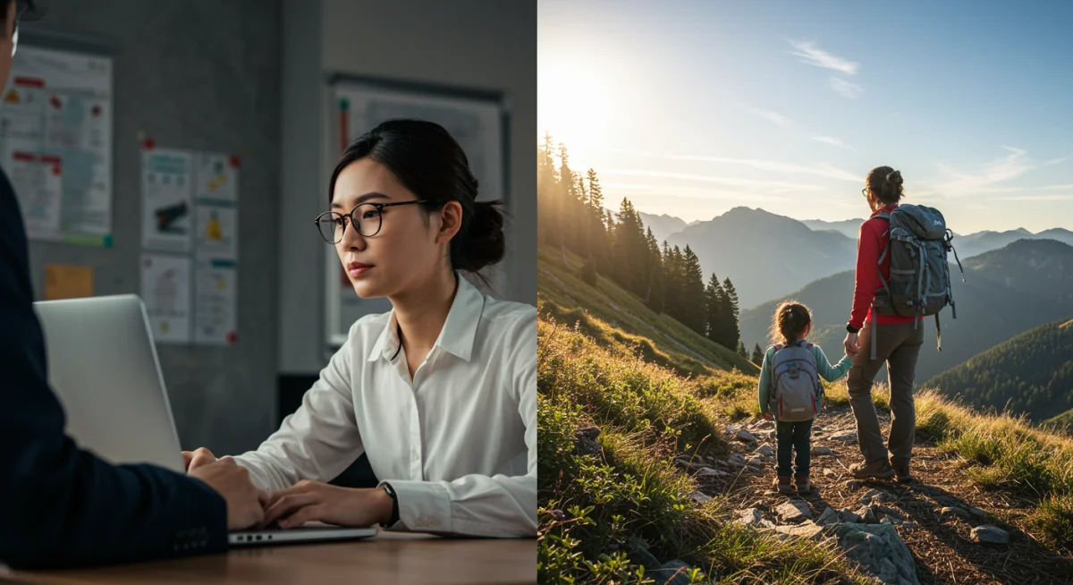 Work-life balance illustration with professional working and enjoying leisure.