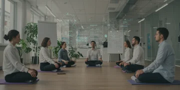 Professionals practicing mindfulness in a modern office, promoting mental wellness and reducing stress.