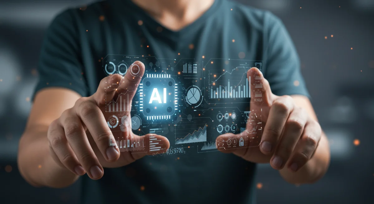 Hands interacting with a holographic interface showing AI data models