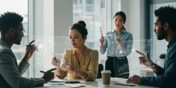 Professionals collaborating with AI, mastering new skills for career growth