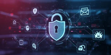 Illustration of enterprise cybersecurity protecting against a 30% surge in phishing attacks.