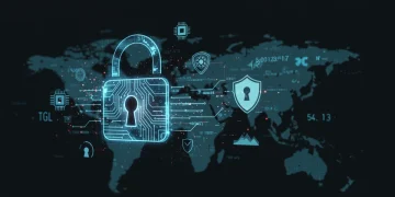 Futuristic digital padlock with AI and data streams protecting US business networks