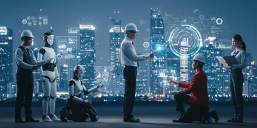 Futuristic cityscape with robots and human workers, symbolizing automation's impact on industries.