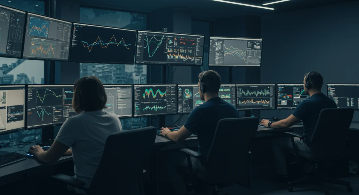 Cybersecurity analysts monitoring AI-driven threat dashboards in a control room