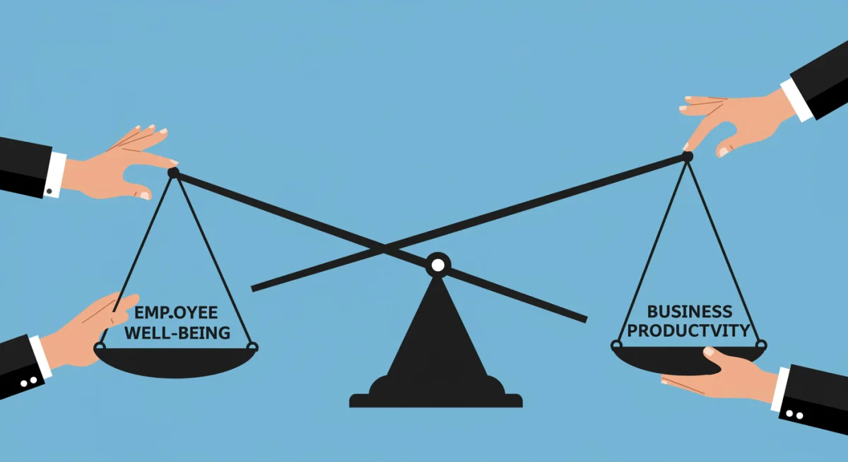 Balanced scale representing employee well-being and business productivity, highlighting their interconnected importance.