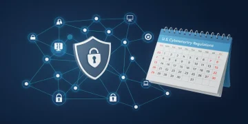 Illustration of federal cybersecurity legislation shield over a digital network with a calendar, symbolizing upcoming mandates.