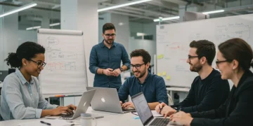 Professionals collaborating in a modern office, illustrating effective workforce engagement strategies.