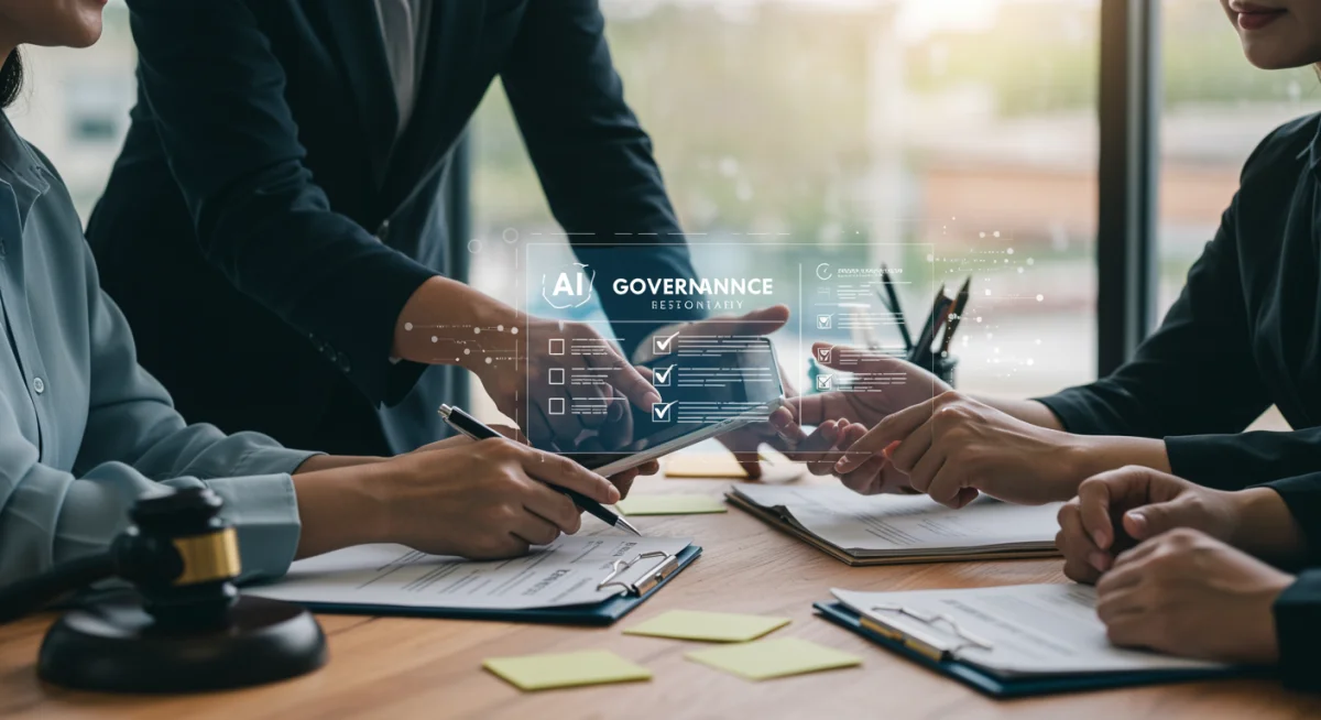Cross-functional team collaborating on AI governance and compliance