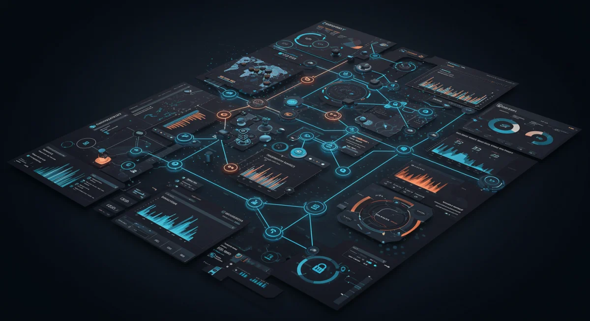 Cybersecurity dashboard showing threat intelligence and compliance scores for risk assessment.