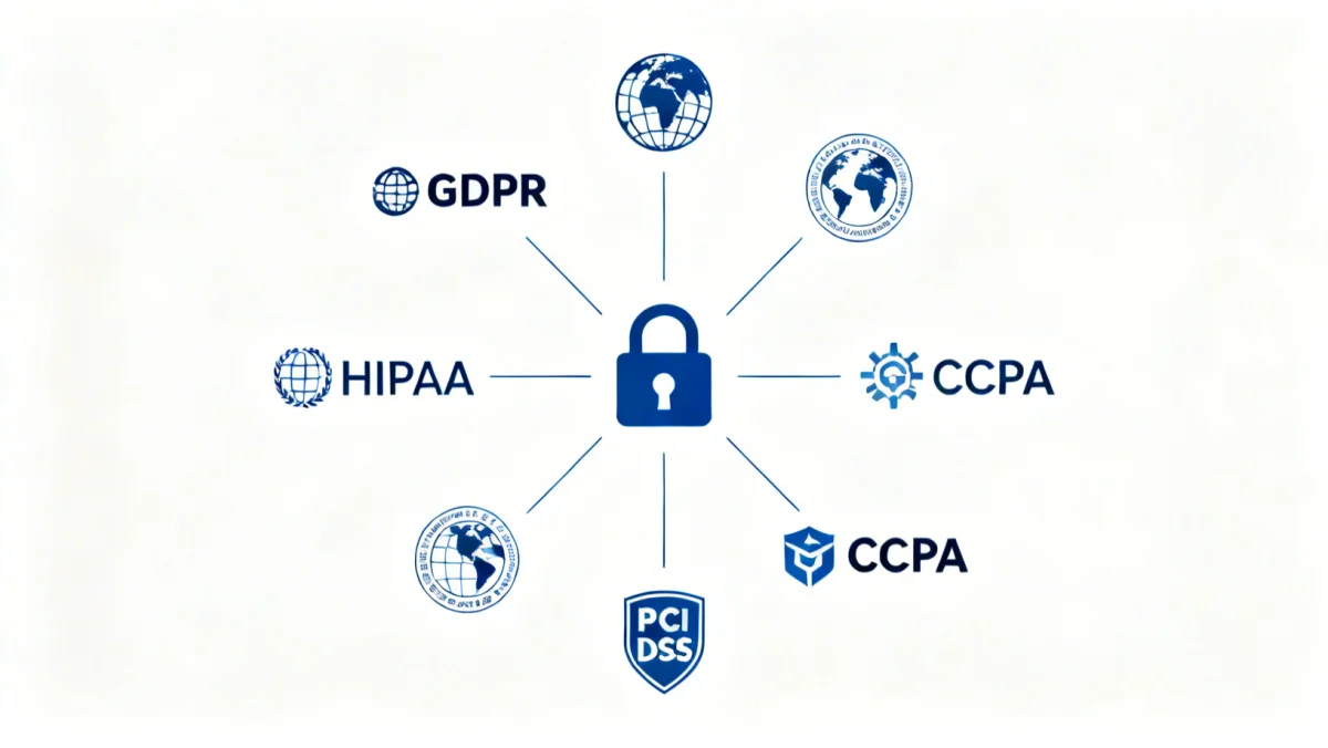 Global cybersecurity regulations logos converging on lock icon