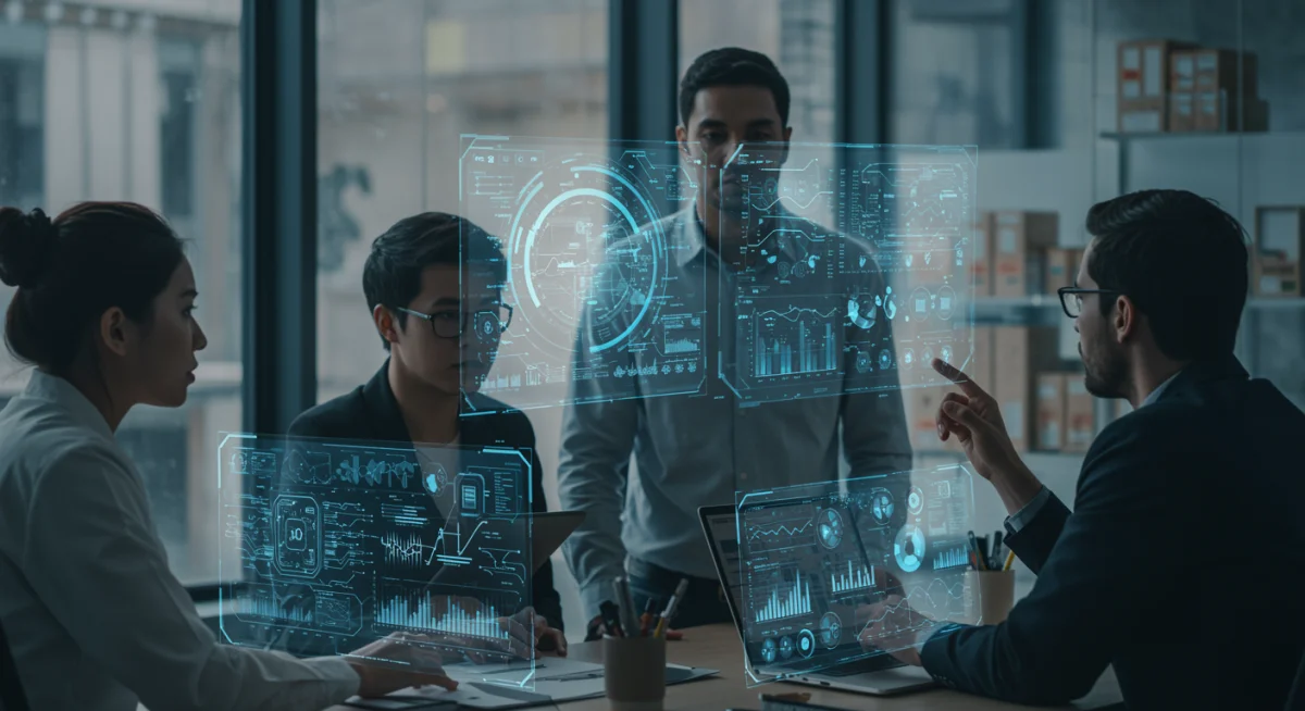 Team collaborating on quantum supply chain simulations and strategic planning