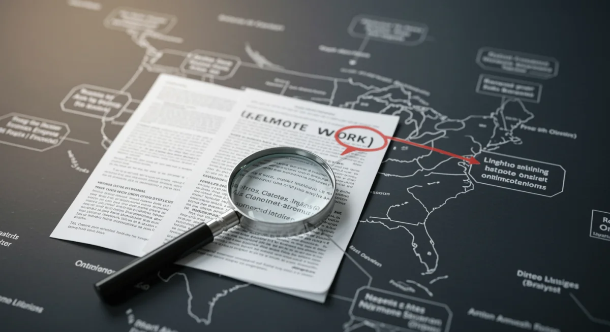 Legal documents and policy papers concerning remote work regulations in the United States, with a magnifying glass.