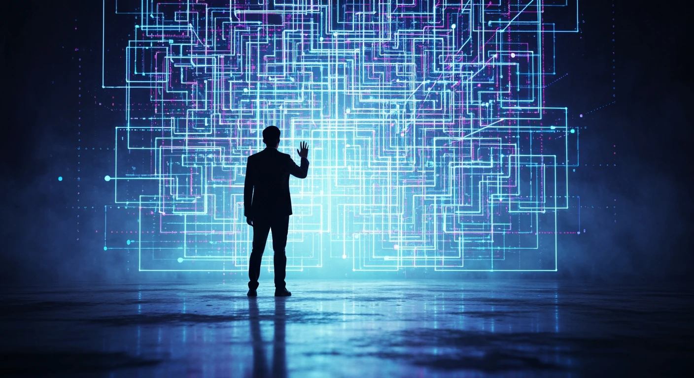Person contemplating a complex digital labyrinth representing Generative AI, highlighting its rapid development and intricate ethical challenges.